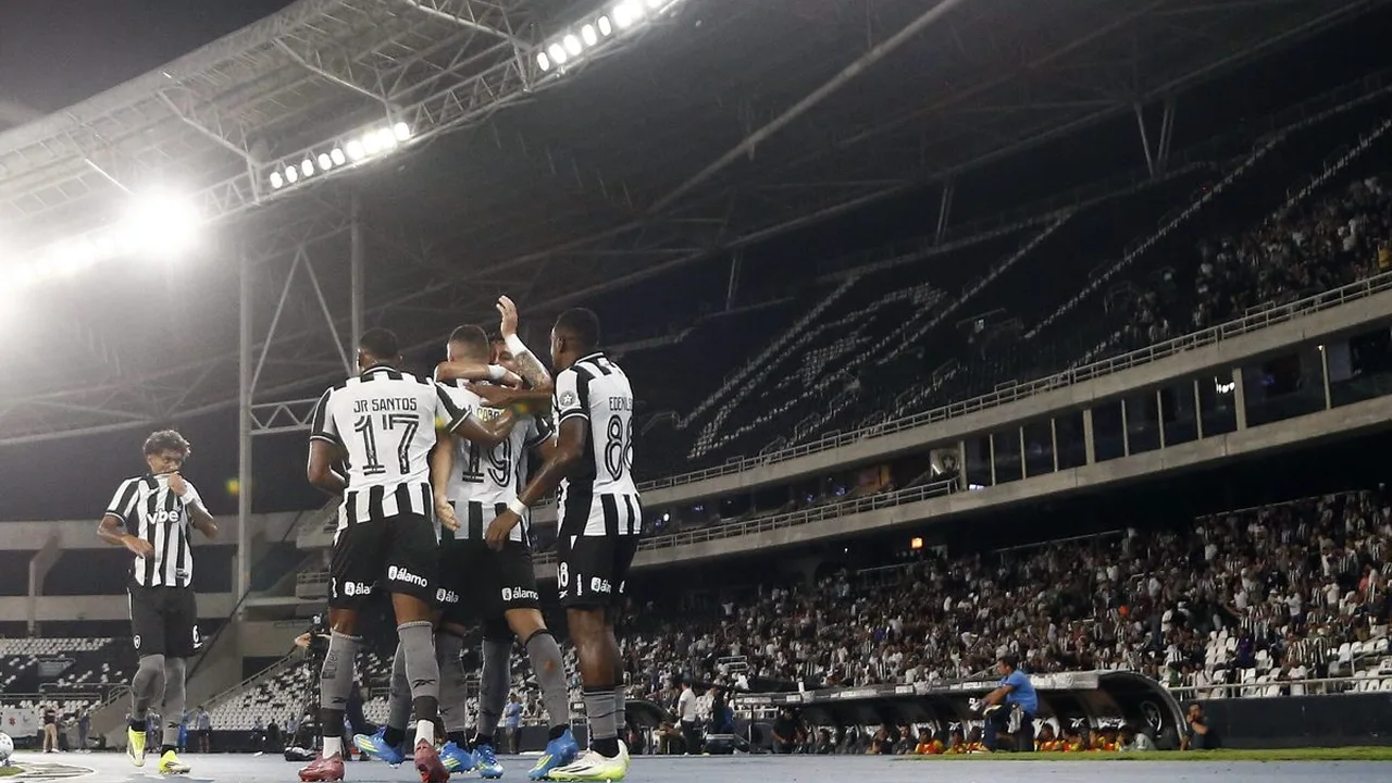Jogadores do Botafogo comemorando gol em partida contra o Mirassol no Estádio Nilton Santos