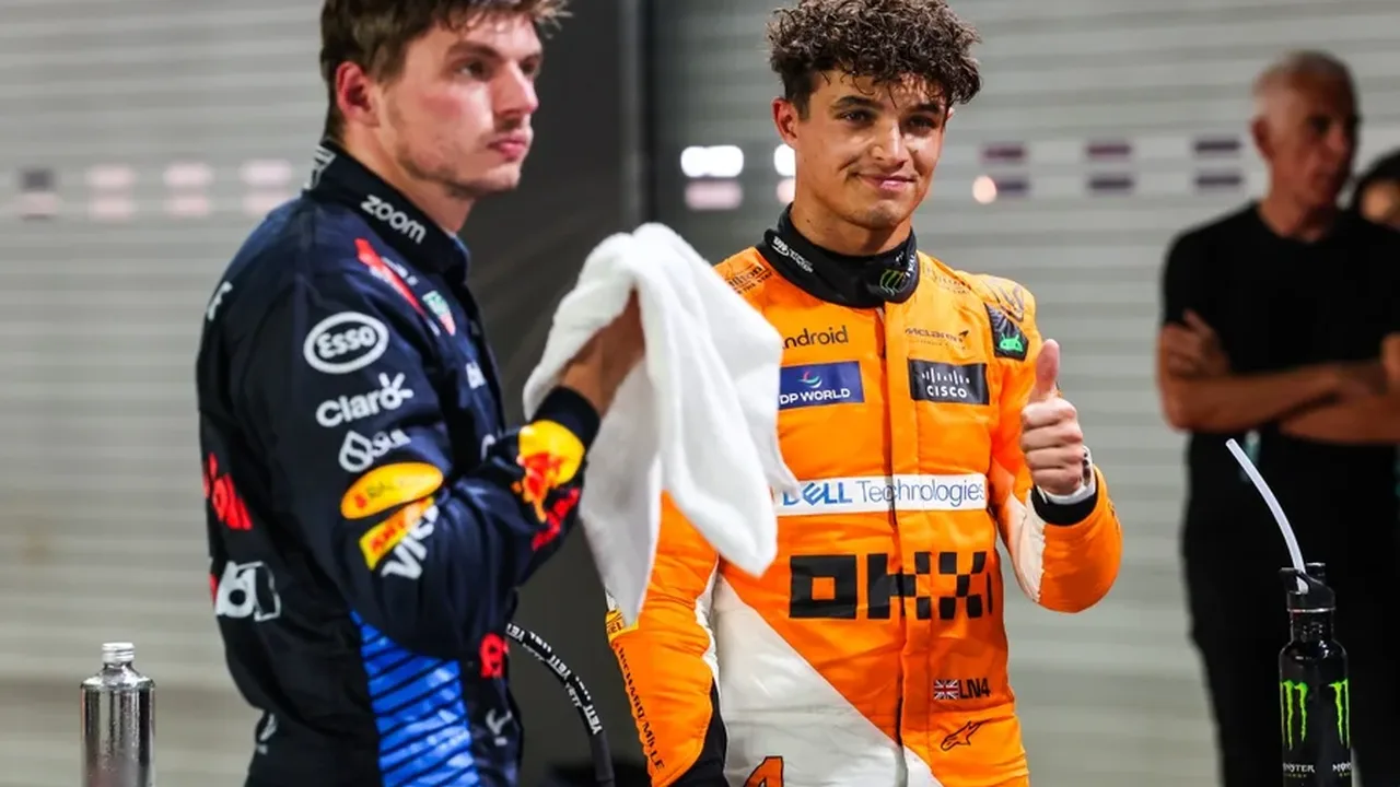 Max Verstappen e Lando Norris disputando posição em circuito de Formula 1, representando rivalidade geracional