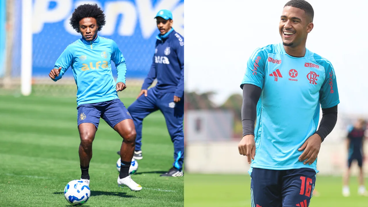 Jogadores do Flamengo e Grêmio em campo durante partida do Brasileirão, representando estratégias opostas no mercado
