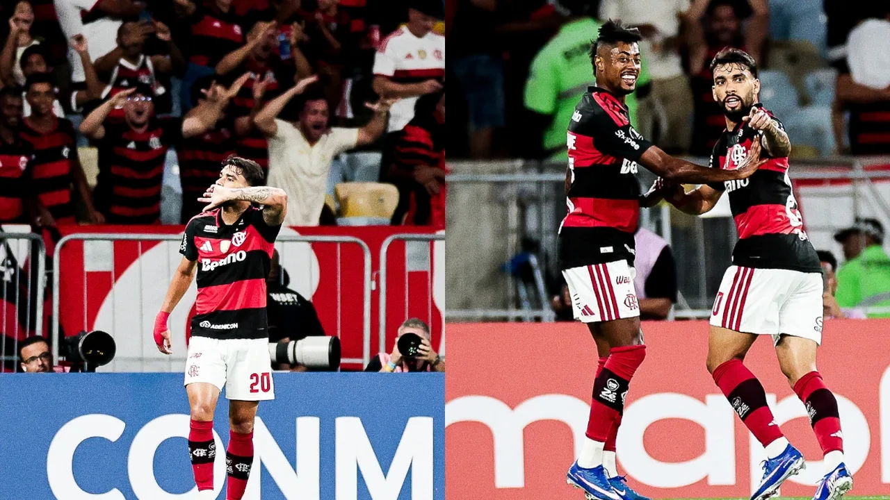 Lucas Paquetá comemorando gol pelo Flamengo contra Independiente Medellín na Libertadores no Maracanã