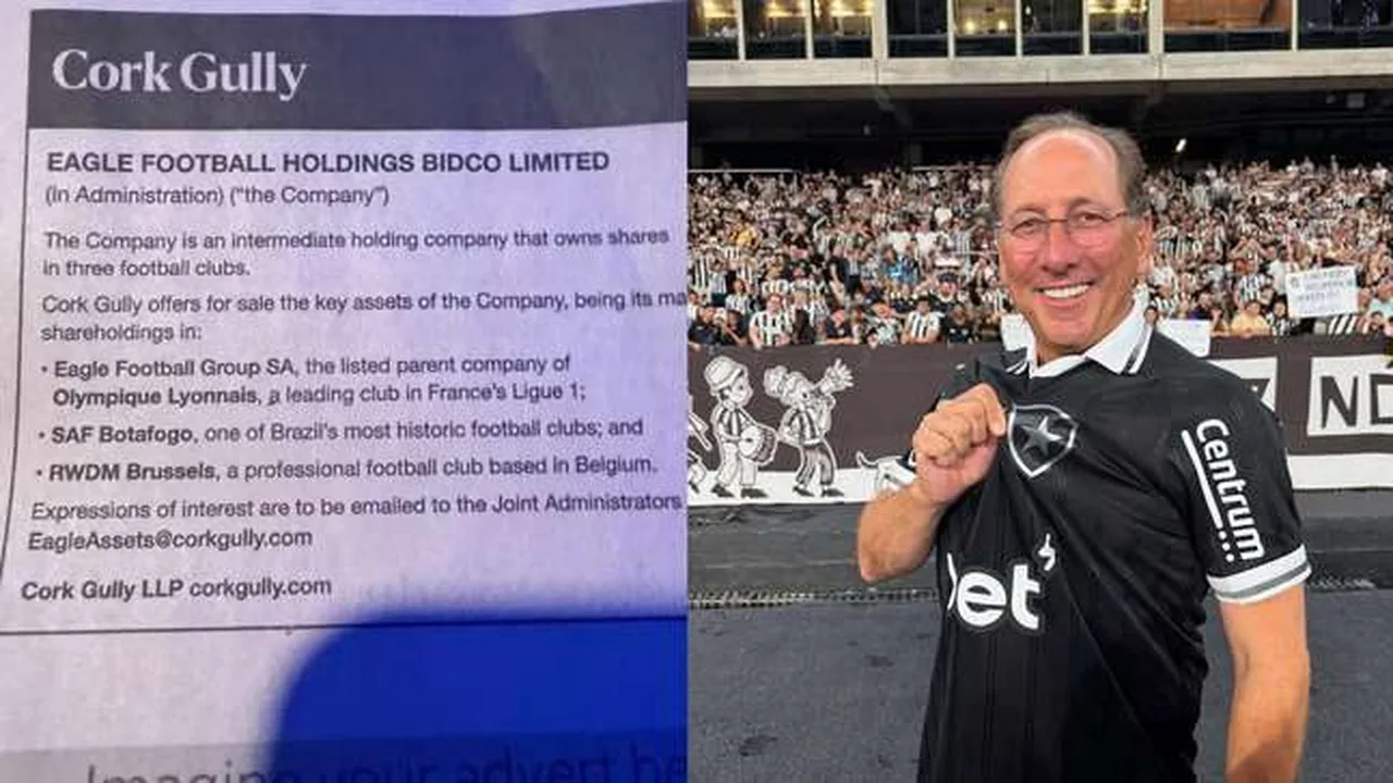 Sede do Botafogo com jornal Financial Times mostrando anúncio de venda da SAF alvinegra