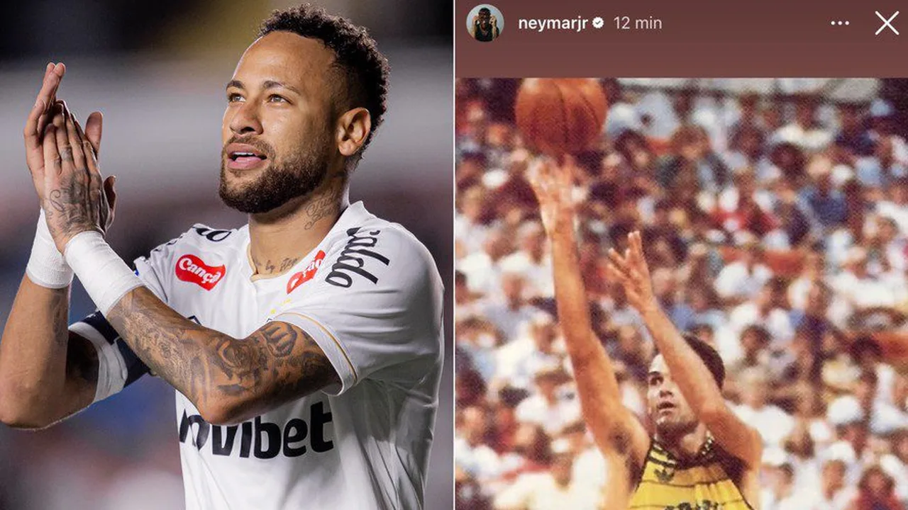 Oscar Schmidt arremessando durante jogo da seleção brasileira de basquete com Neymar em campo pela seleção de futebol