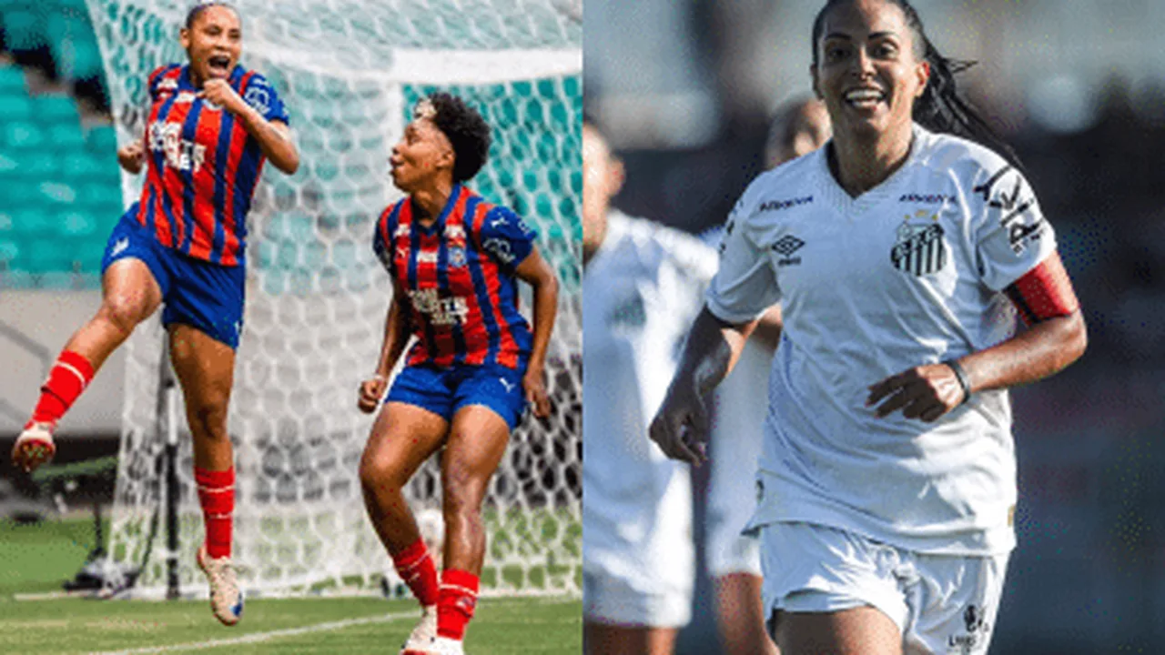 Jogadoras do Bahia comemorando gol contra o Flamengo no Estádio Luso-Brasileiro durante partida do Brasileirão Feminino