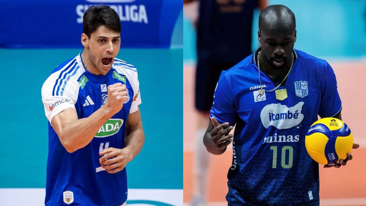 Jogadores do Minas e Sada Cruzeiro disputando lance na rede durante semifinal da Superliga masculina de vôlei