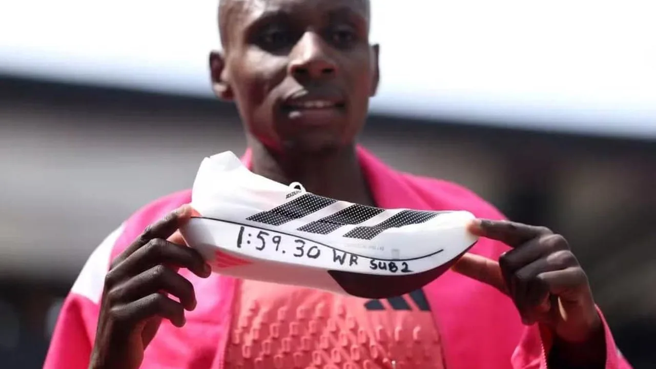 Sabastian Sawe cruzando a linha de chegada da Maratona de Londres com o Adizero Adios Pro Evo 3