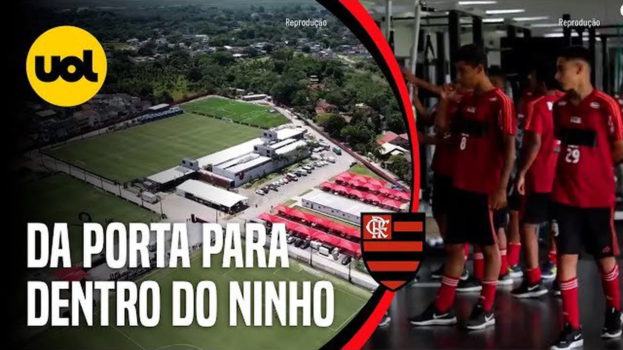 Campo de treinamento do CT Ninho do Urubu com garotos da base do Flamengo durante atividade