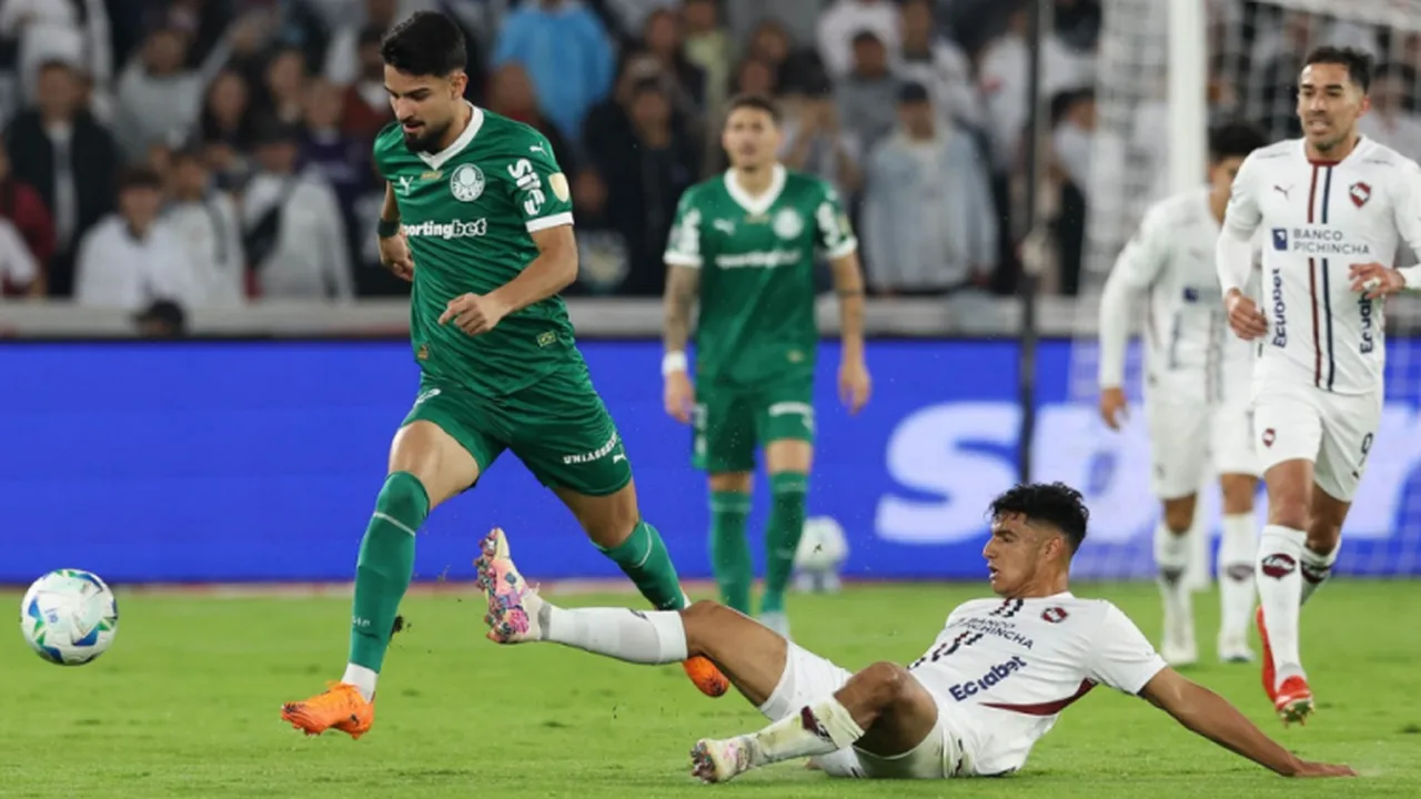 Jogadores do Palmeiras em campo durante partida da Copa Libertadores à noite