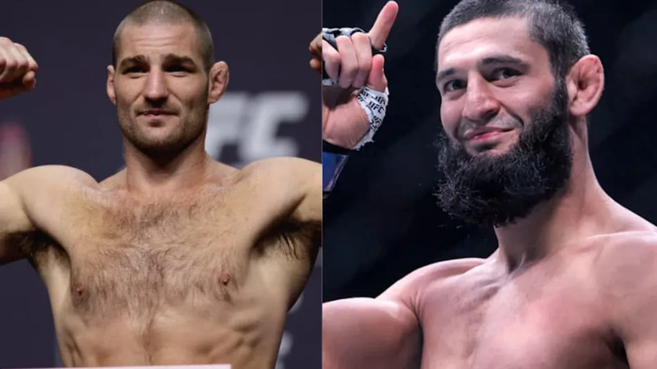 Sean Strickland e Khamzat Chimaev frente a frente durante encarada promocional do UFC 328 em Newark