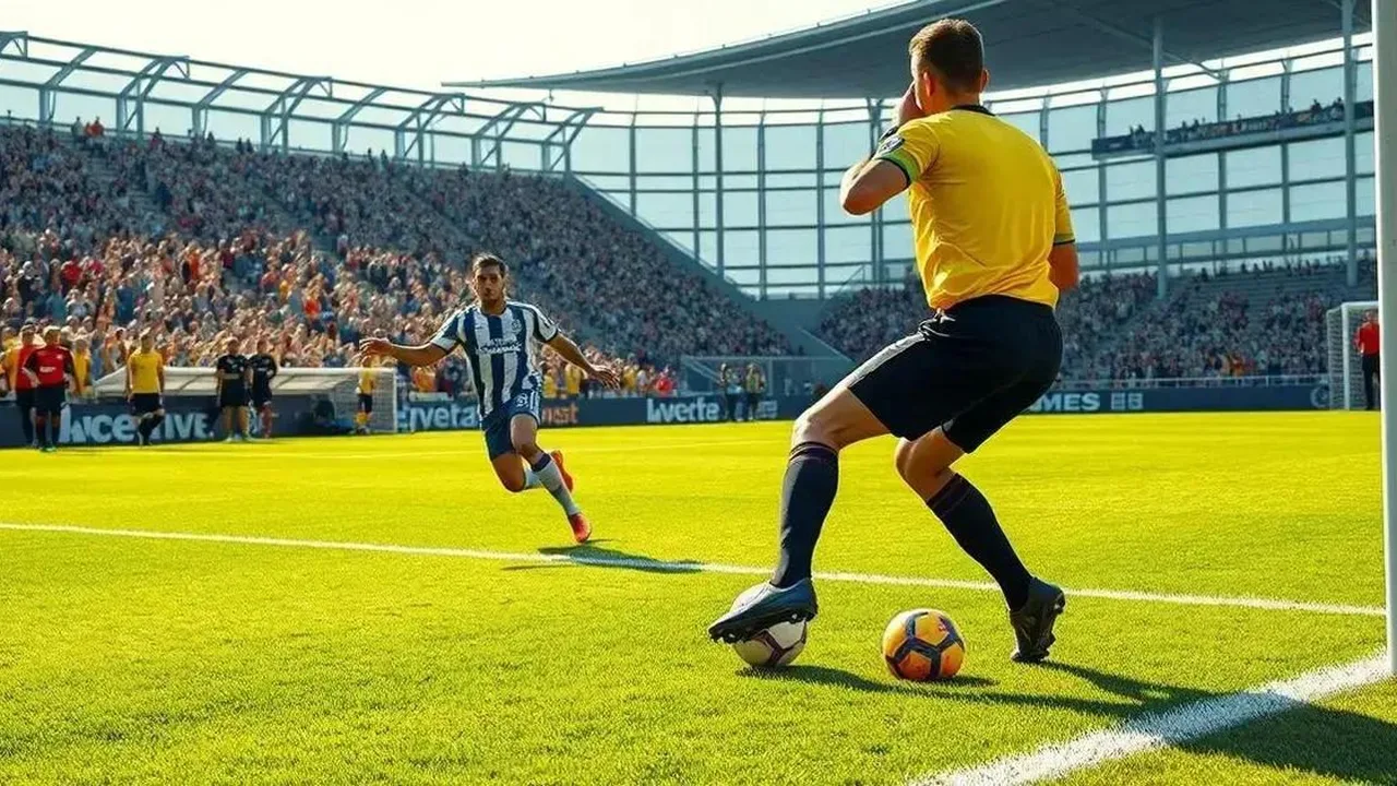 Árbitro assistente levantando a bandeira de impedimento em partida de futebol com linha defensiva visível