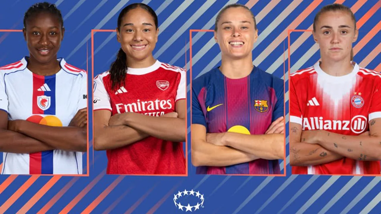 Jogadoras do Arsenal e Lyon disputam bola em semifinal da Champions League Feminina 2025/26