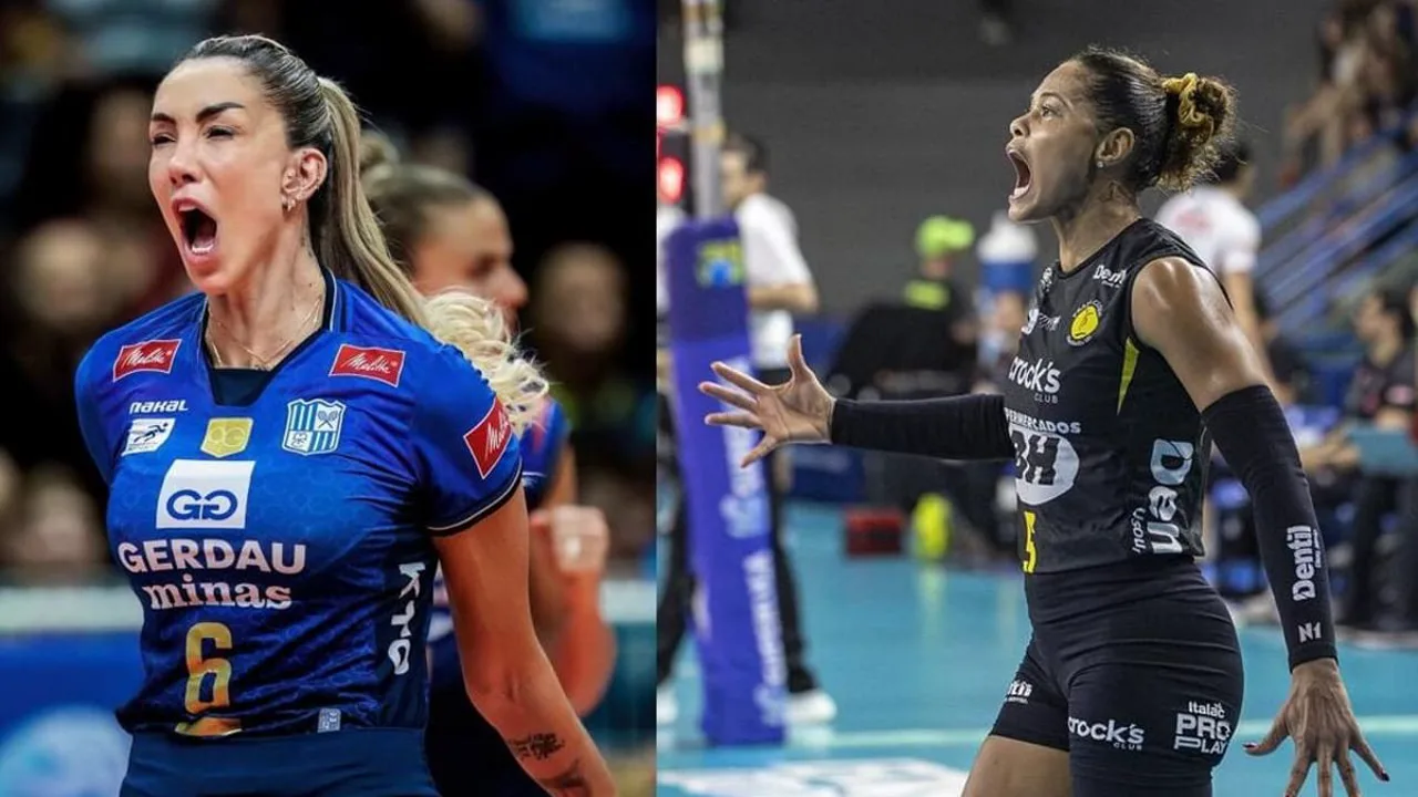 Adenizia e Thaisa frente a frente na rede durante final da Superliga Feminina entre Praia Clube e Minas