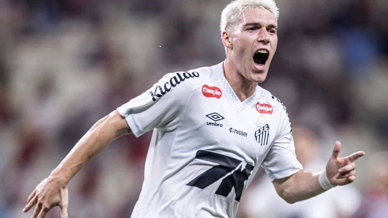 Benjamín Rollheiser comemora gol pelo Santos contra o Palmeiras no Allianz Parque pelo Brasileirão 2026