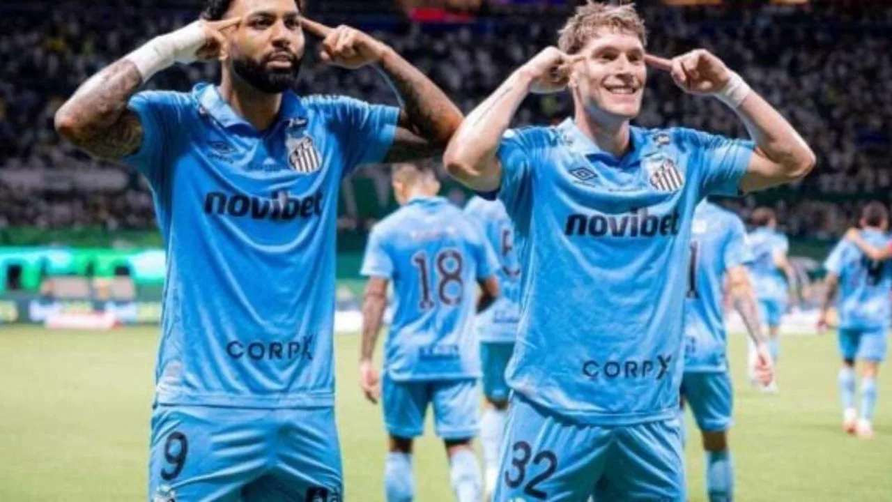 Rollheiser comemora gol pelo Santos contra o Palmeiras no Allianz Parque pelo Brasileirão 2026