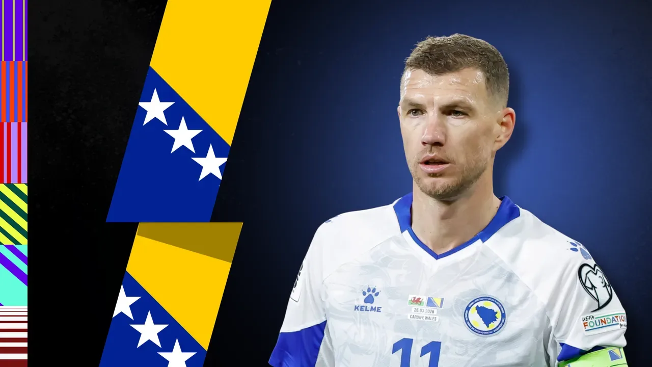 Edin Dzeko de braço enfaixado observa companheiros comemorarem classificação da Bósnia à Copa do Mundo 2026