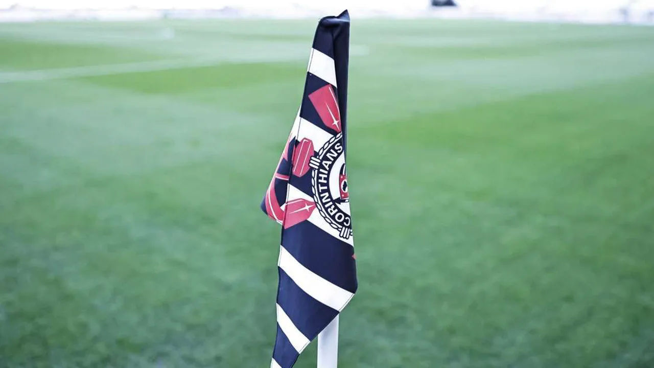Fachada do estádio Neo Química Arena do Corinthians em São Paulo com documentos jurídicos em destaque