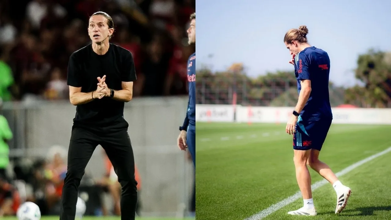 Filipe Luís na beira do campo com expressão concentrada durante partida pelo Flamengo