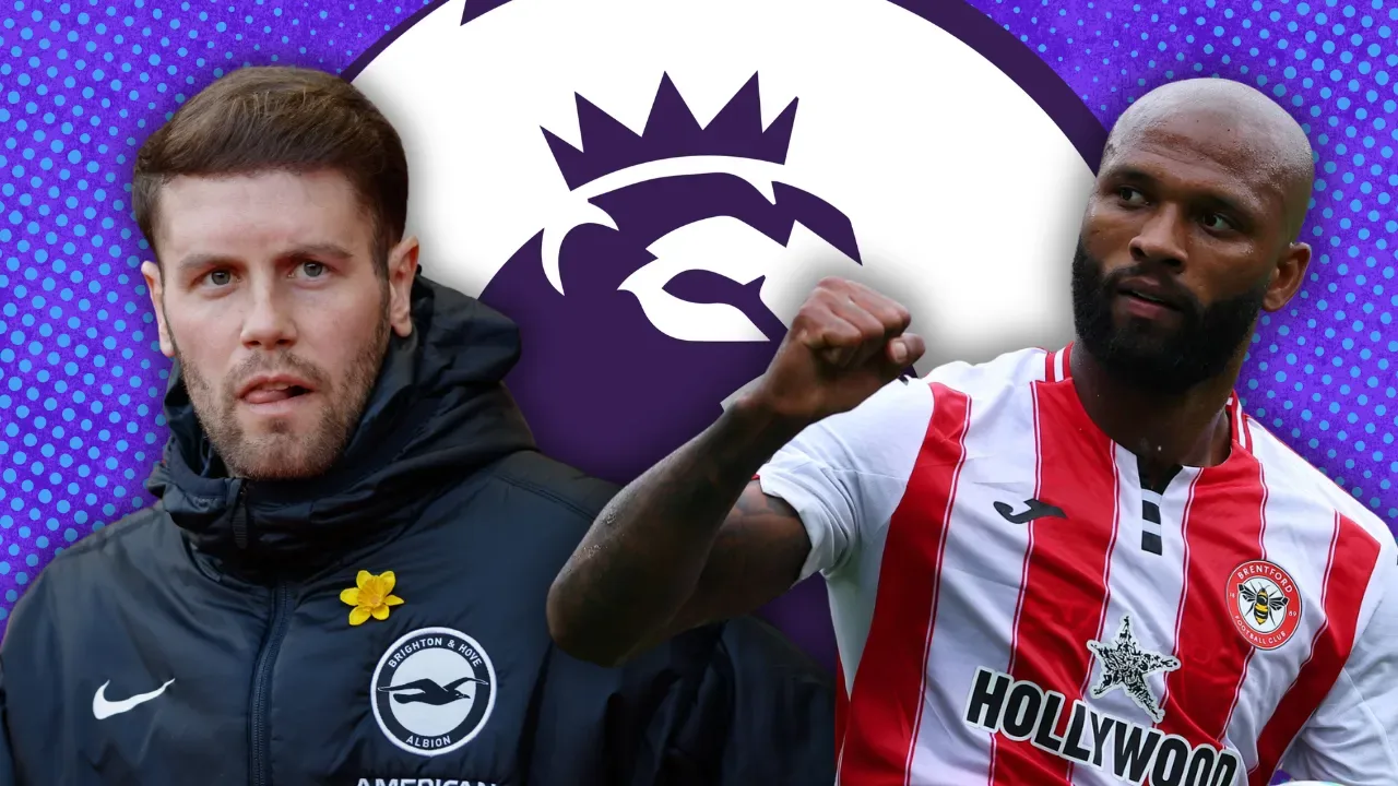 Jogadores de Brentford e Brighton em campo na Premier League, com troféu da Champions League ao fundo