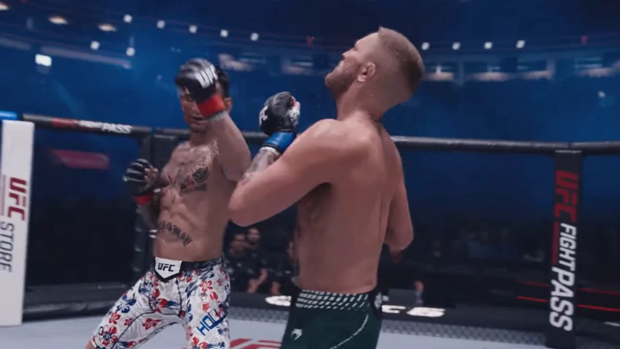Carlos Prates comemorando vitória no UFC Austrália em Perth, com o octógono ao fundo