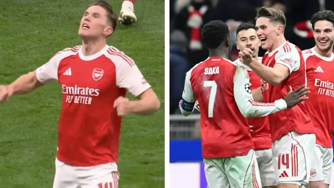 Bukayo Saka comemorando gol pelo Arsenal no Emirates Stadium na semifinal da Champions League 2025/26