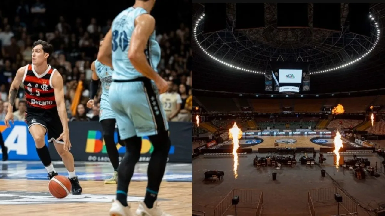 Jogadores do Flamengo e Brasília disputam bola durante partida das quartas de final do NBB