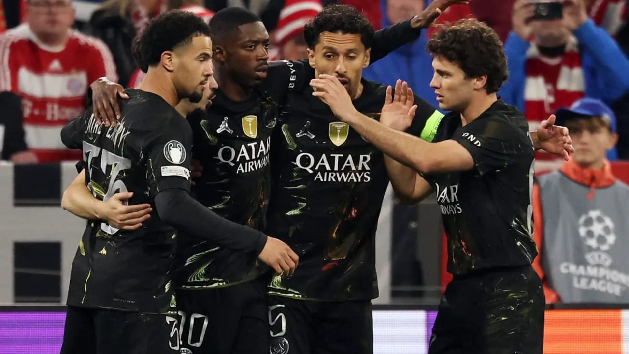 Dembélé comemora gol do PSG contra o Bayern na Allianz Arena, semifinal da Champions League 2025/26