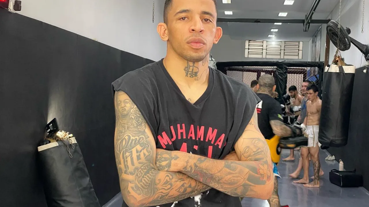 Marco Túlio Matuto e Djorden Santos nos bastidores do UFC 328 em Newark, Nova Jersey