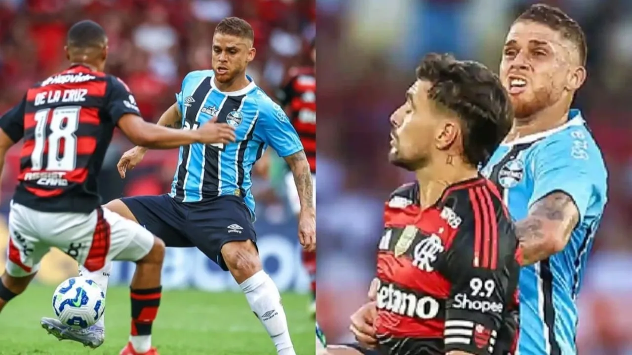 Gustavo Cuéllar com a camisa do Grêmio em partida pelo Brasileirão 2025
