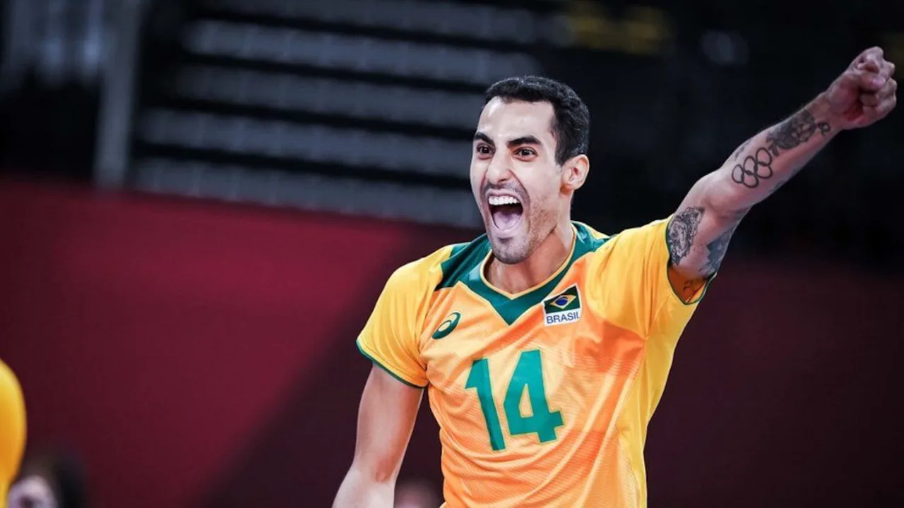 Douglas Souza com a camisa da seleção brasileira de vôlei em quadra durante partida internacional