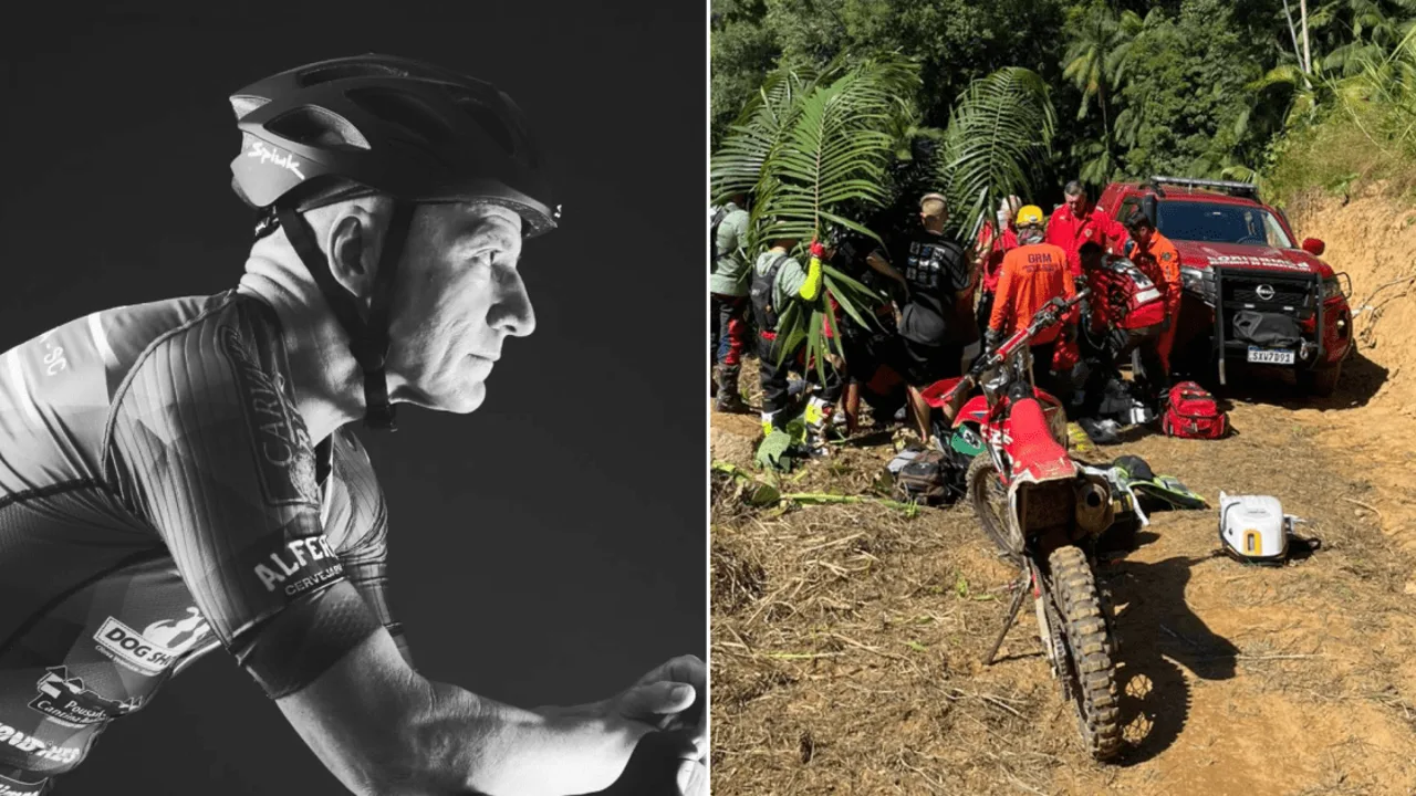 Trilha de mountain bike em terreno acidentado com equipe de resgate e helicóptero ao fundo em Santa Catarina