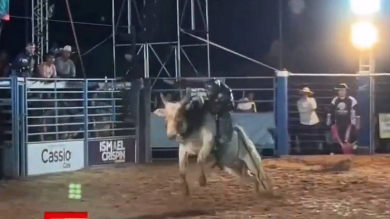 Peão de rodeio caído na arena com touro ao fundo e equipe de apoio correndo para socorrê-lo