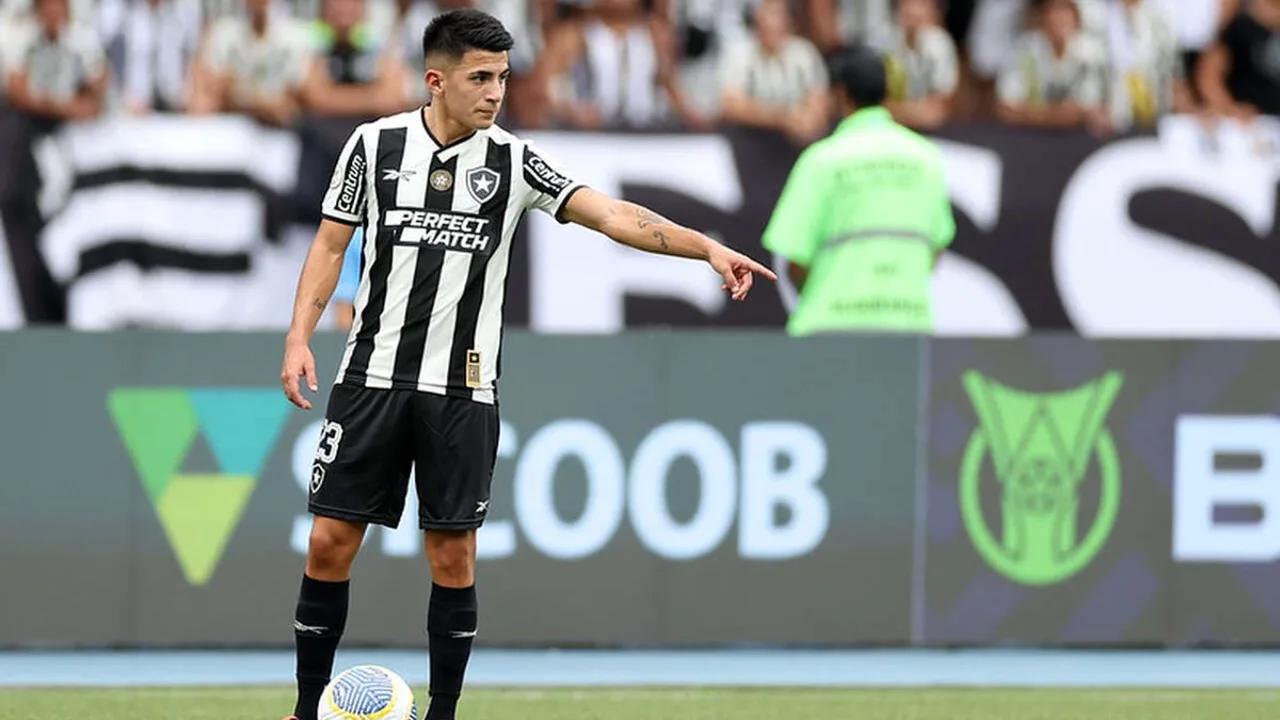 Escudos do Botafogo e do Olympique de Lyon lado a lado sobre fundo de documentos financeiros