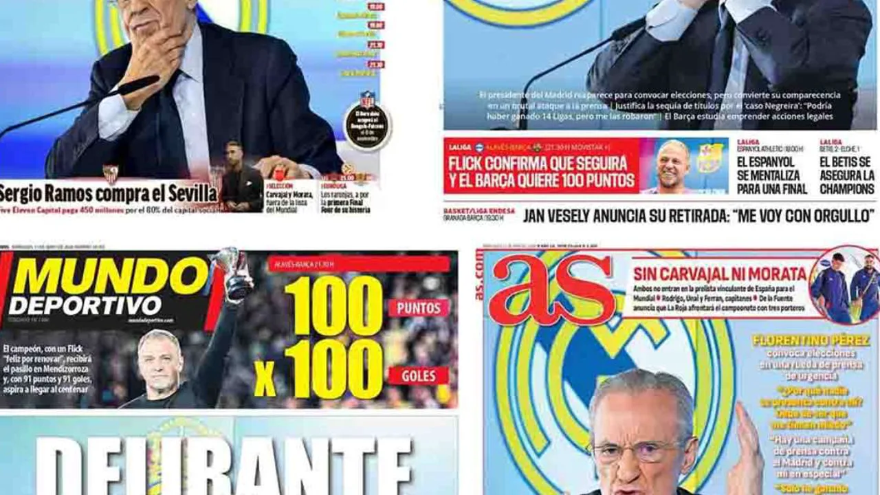 Florentino Pérez em coletiva de imprensa no Real Madrid com expressão tensa, microfones à frente