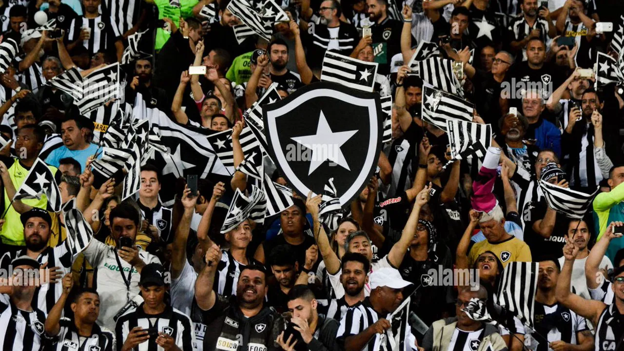 Escudo do Botafogo e do Lyon lado a lado com documentos financeiros ao fundo representando disputa judicial