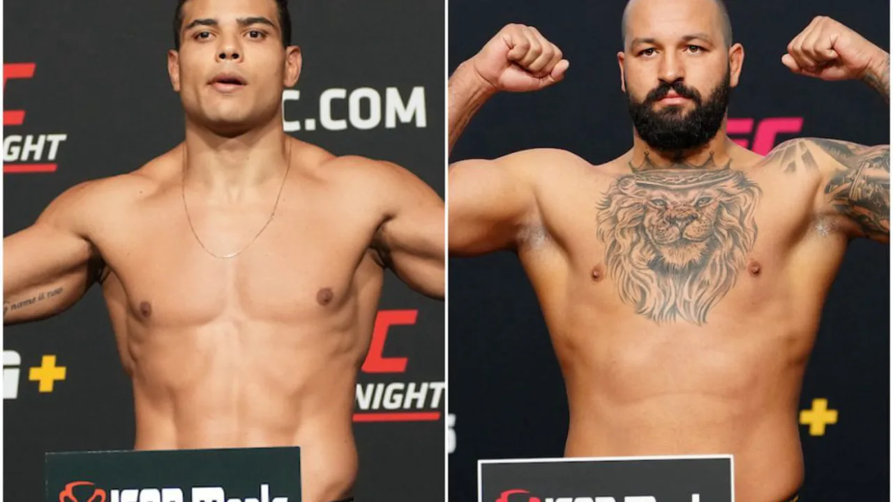 Josh Hokit e Alex Pereira em confronto face a face durante coletiva de imprensa do UFC