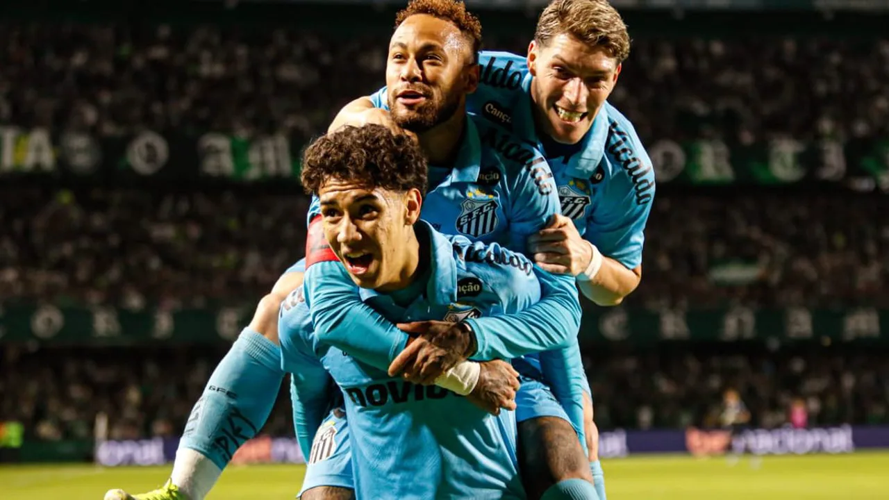 Jogadores do Santos comemoram classificação nas oitavas da Copa do Brasil após vitória sobre o Coritiba
