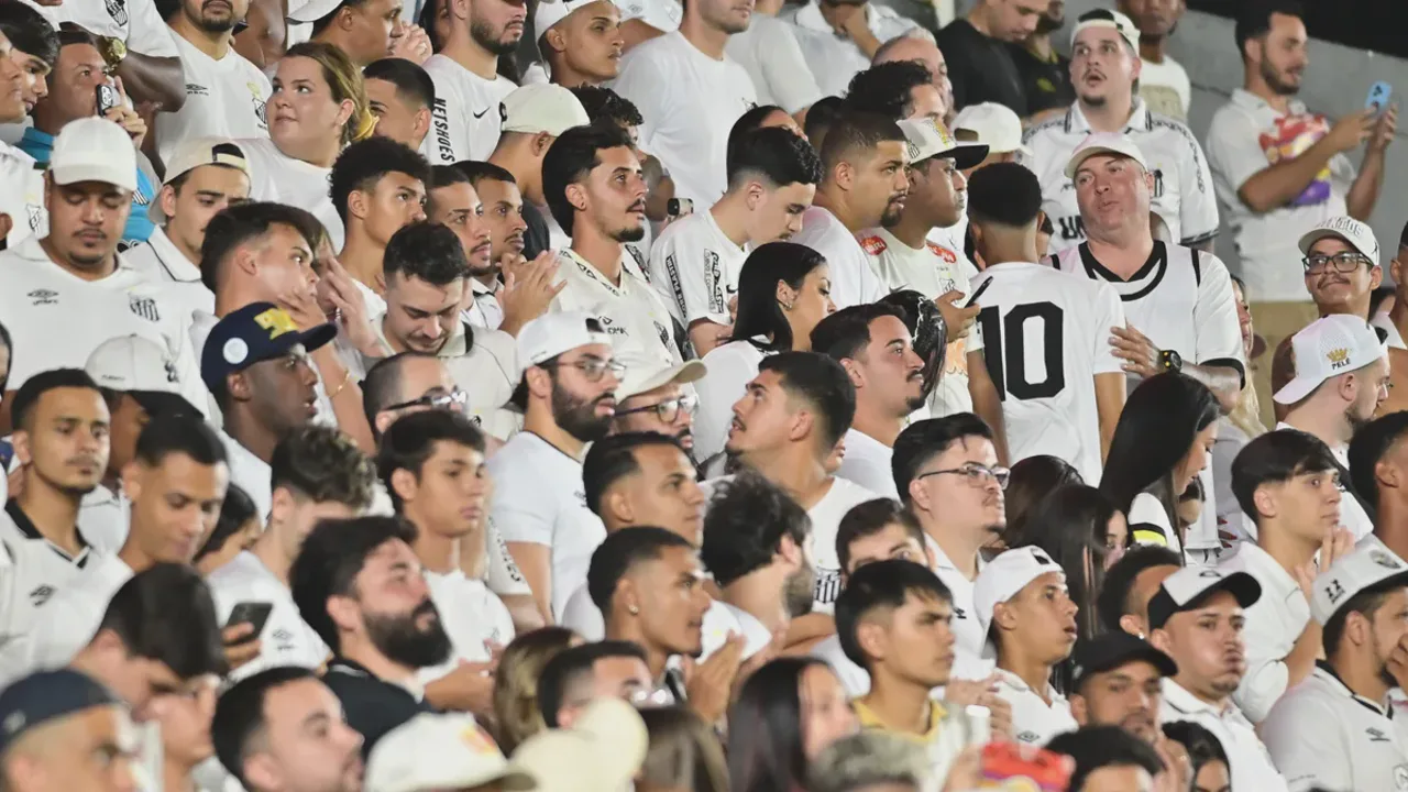 Torcida do Santos lotando a Neo Química Arena com faixas e bandeiras durante jogo do Brasileirão