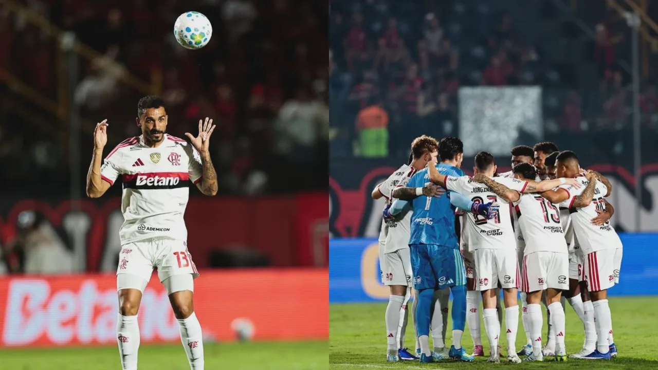 Jogadores do Flamengo cabisbaixos no gramado do Barradão após eliminação para o Vitória na Copa do Brasil