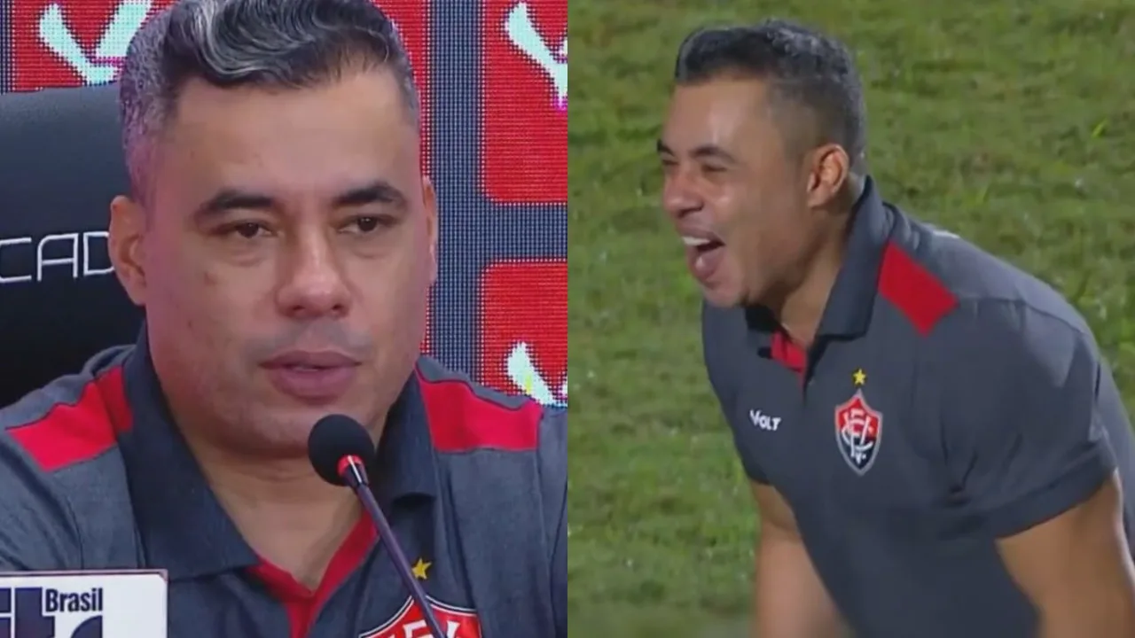 Jair Ventura abraça repórter emocionado após classificação do Vitória sobre o Flamengo no Barradão
