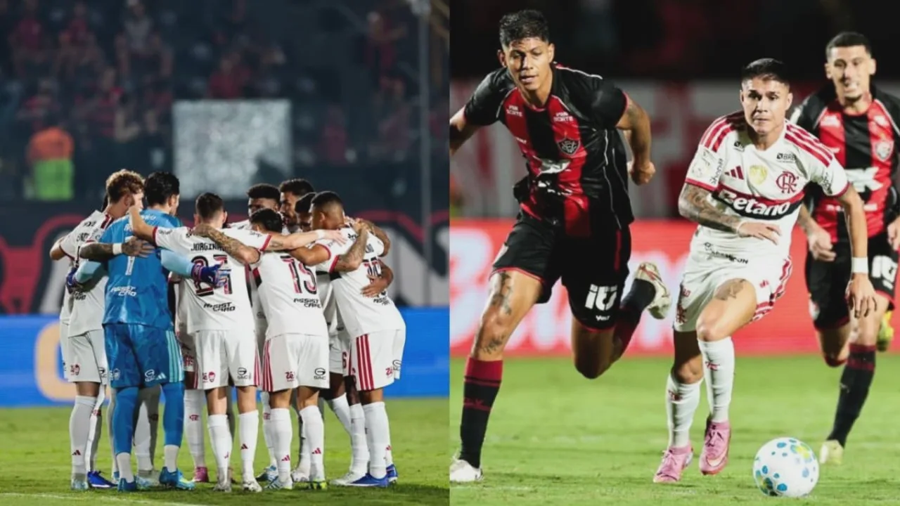 Jogadores do Flamengo cabisbaixos no gramado do Barradão após eliminação para o Vitória na Copa do Brasil