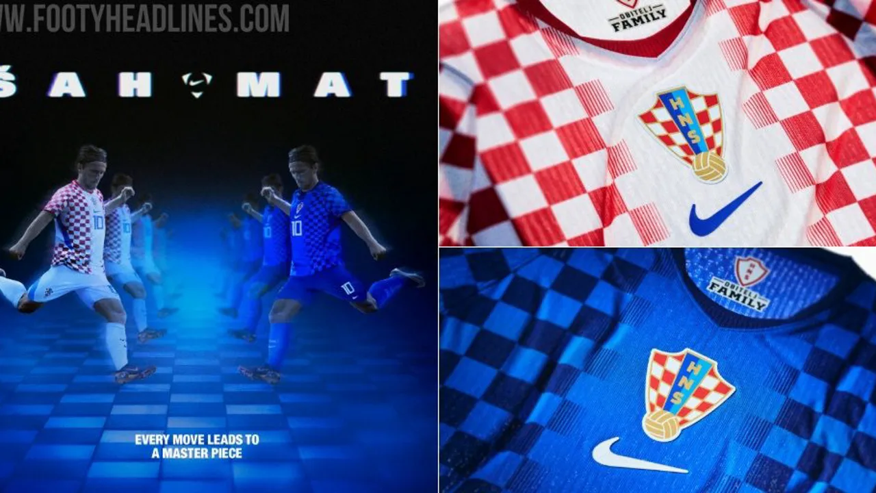 Camisa xadrez da Croácia para a Copa do Mundo 2026 feita pela Nike com detalhes azuis e vermelhos