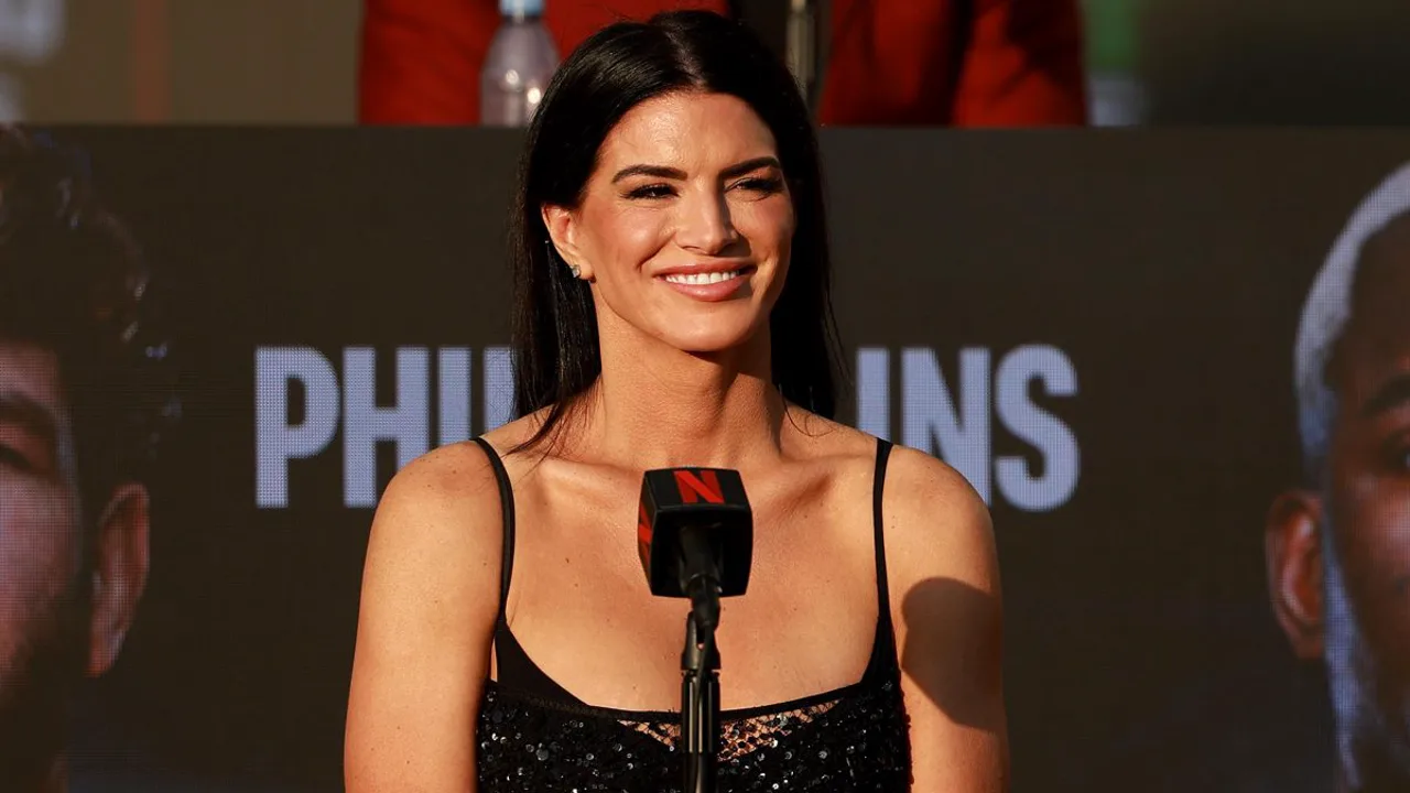 Gina Carano na pesagem do card MVP MMA no Intuit Dome, Inglewood, Califórnia, maio de 2026