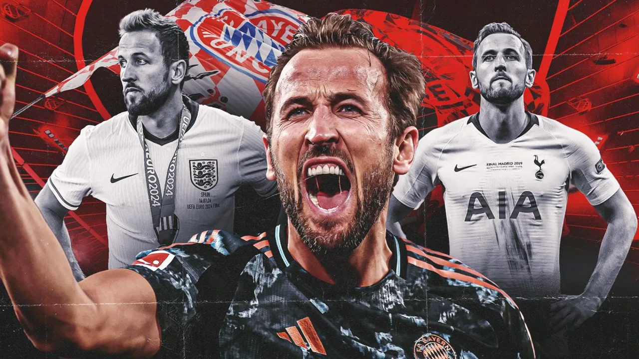 Harry Kane comemorando o título da Bundesliga 2025/26 com jogadores do Bayern Munich na Allianz Arena