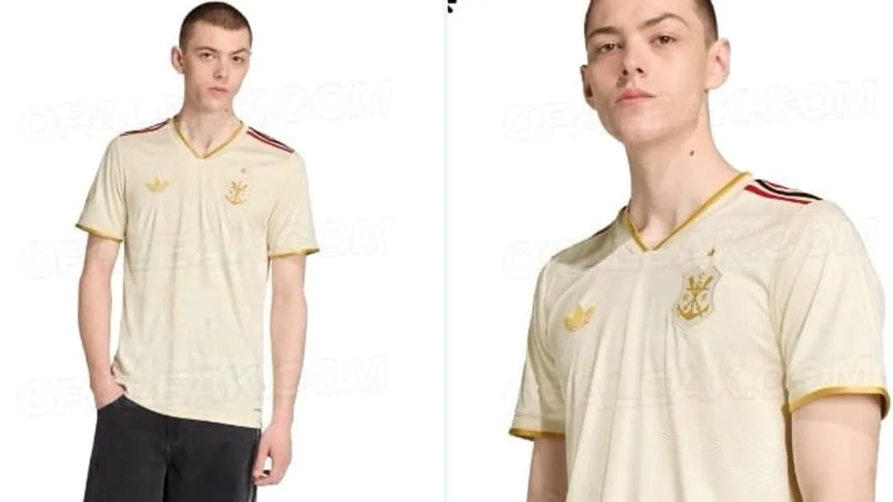 Terceira camisa do Flamengo 2026 com tom creme, detalhes dourados e estrela do Mundial de 1981