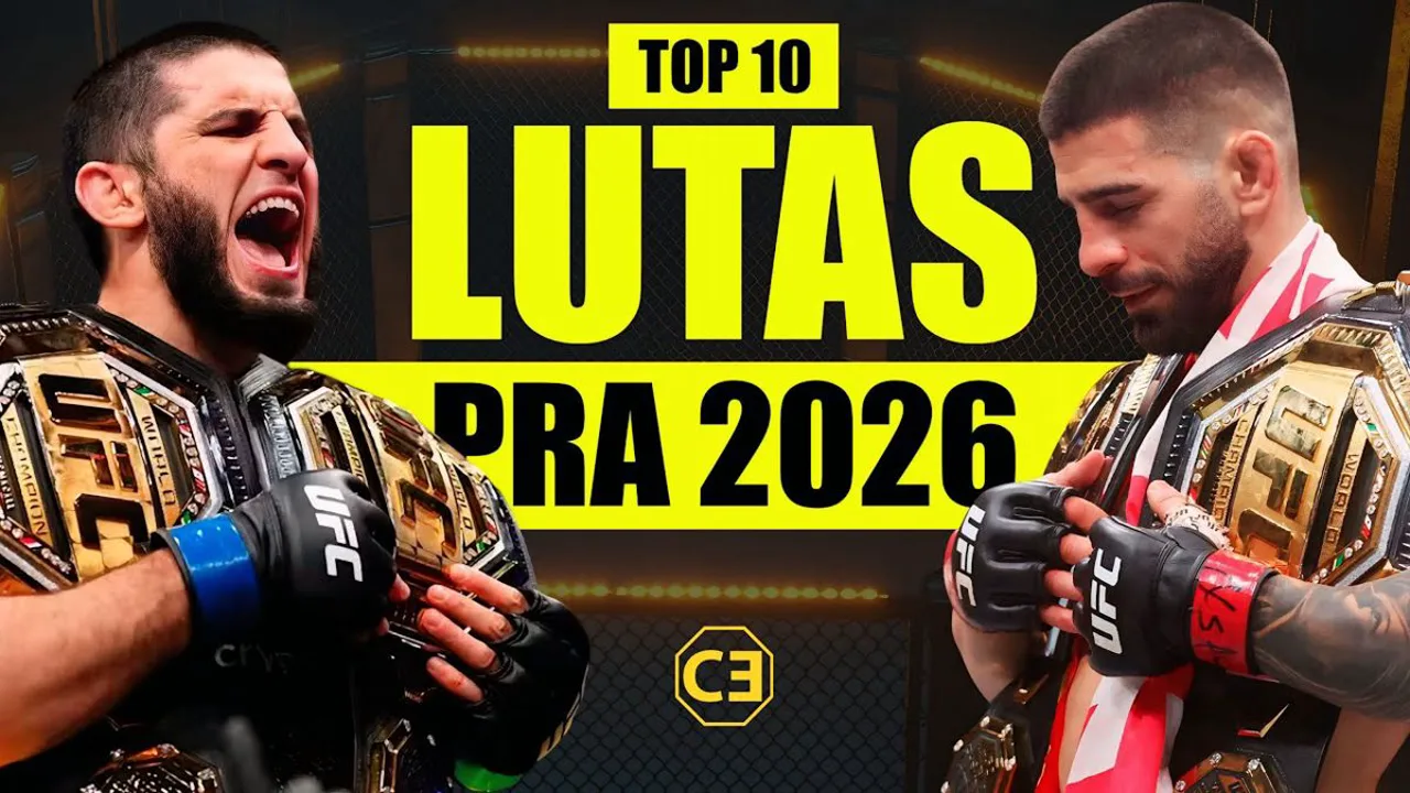 Octógono do UFC visto de cima com dois lutadores em posição de combate, iluminação dramática de arena