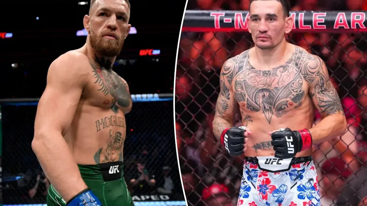 Conor McGregor e Max Holloway frente a frente no octógono do UFC durante encarada pré-luta