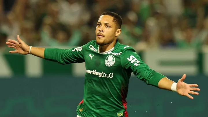 Vitor Roque, atacante do Palmeiras, comemorando gol no Brasileirão Série A 2026