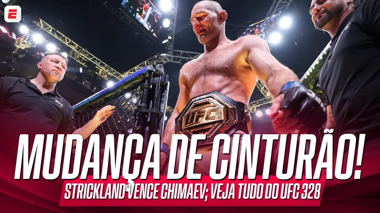 Tom Aspinall com o cinturão dos pesos-pesados do UFC, com Ciryl Gane e Alex Poatan ao fundo