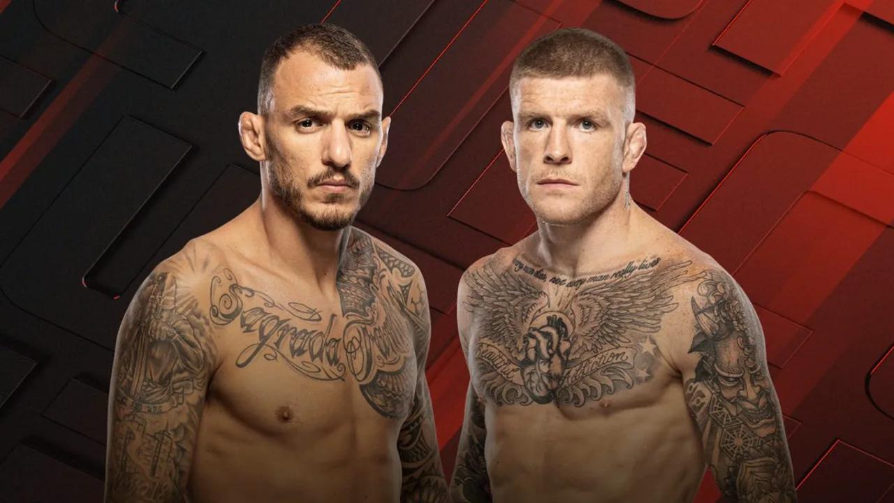 Deiveson Figueiredo em posição de guarda no octógono do UFC, com arena lotada ao fundo