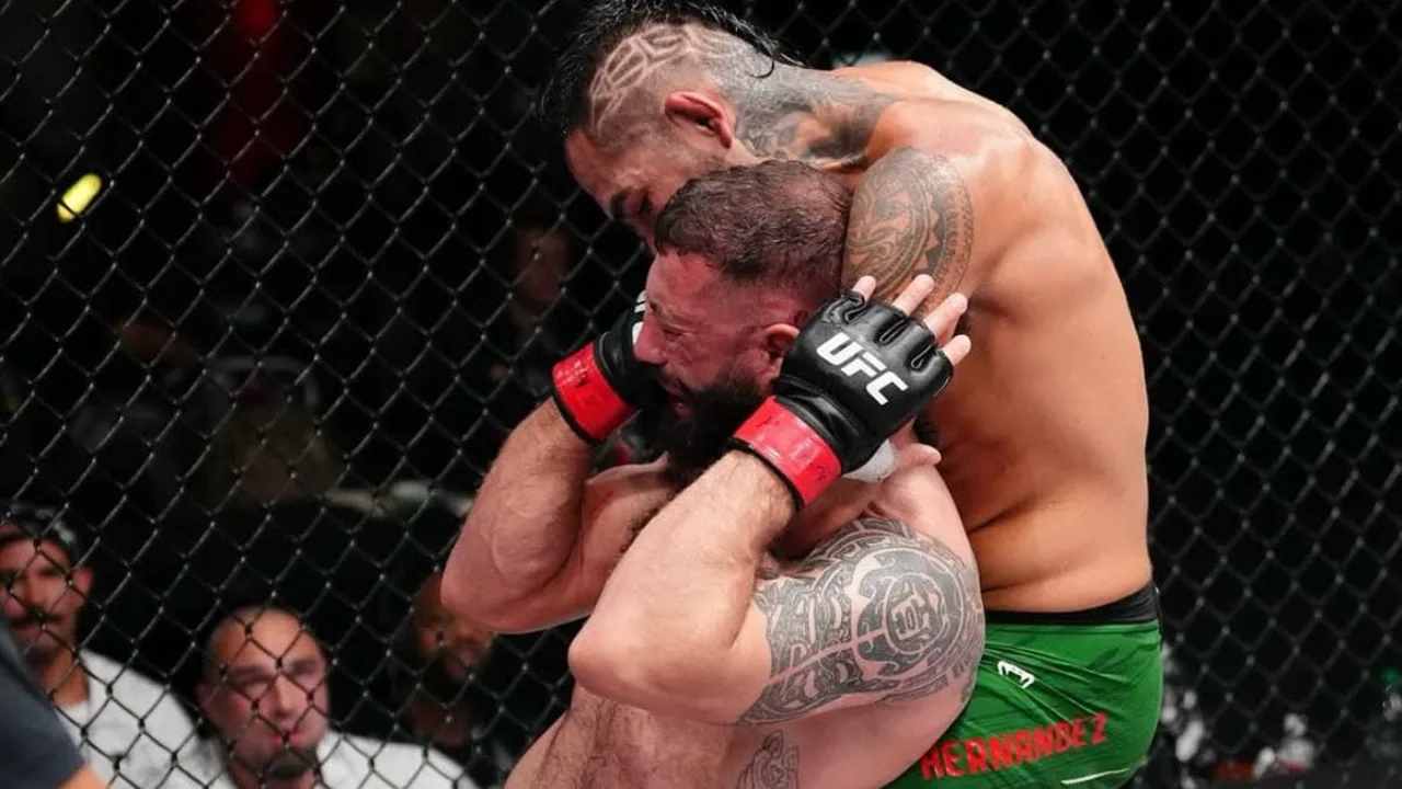 Octógono vazio do UFC iluminado por holofotes, visto de cima, com o logo da organização no centro do canvas