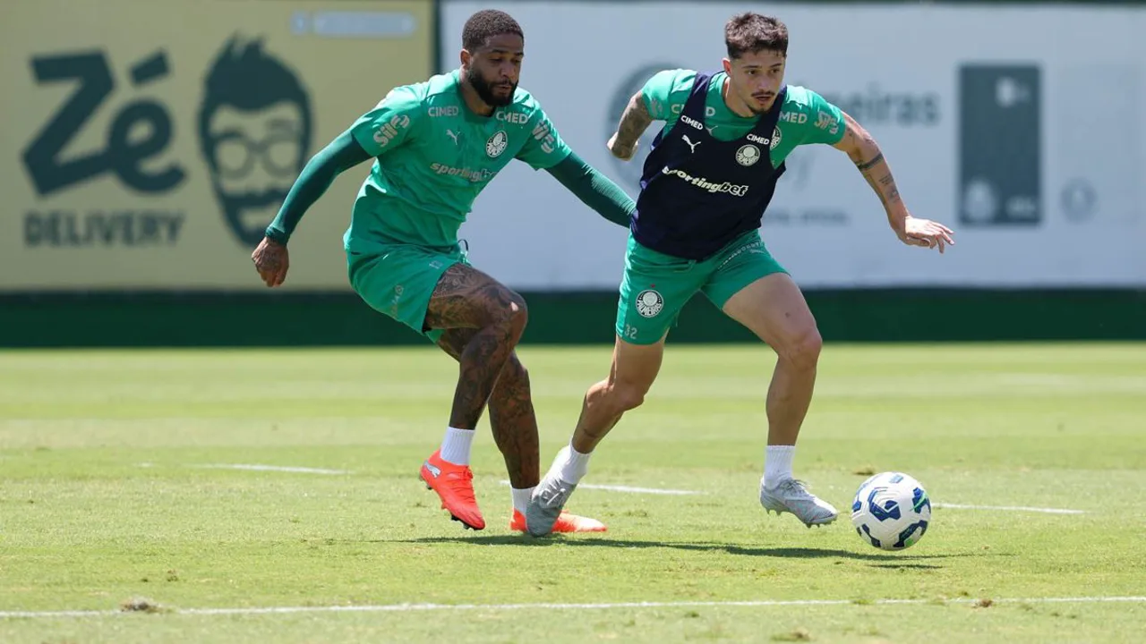 Árbitro apitando jogo do Brasileirão com jogadores de Flamengo e Palmeiras ao fundo no gramado